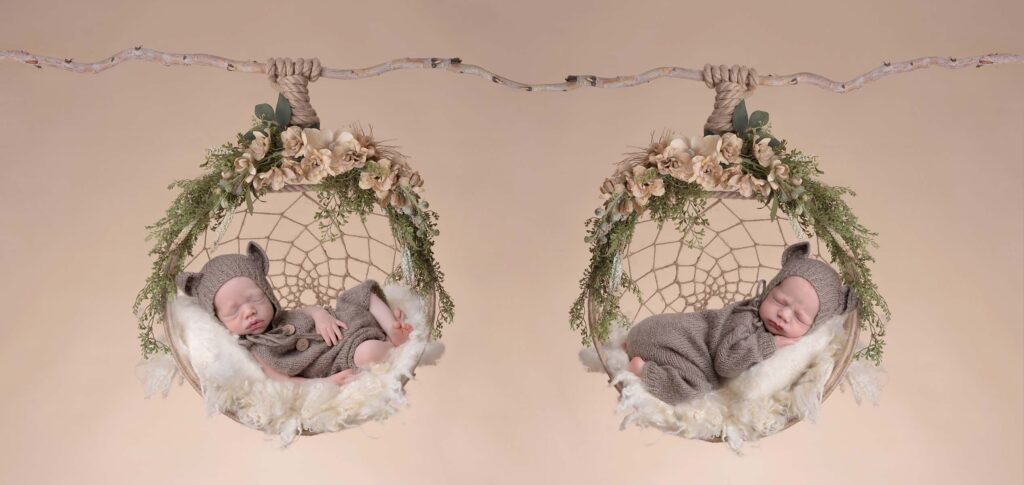 Newborn photo of twins in matching onesies both in swings adorned by flowers