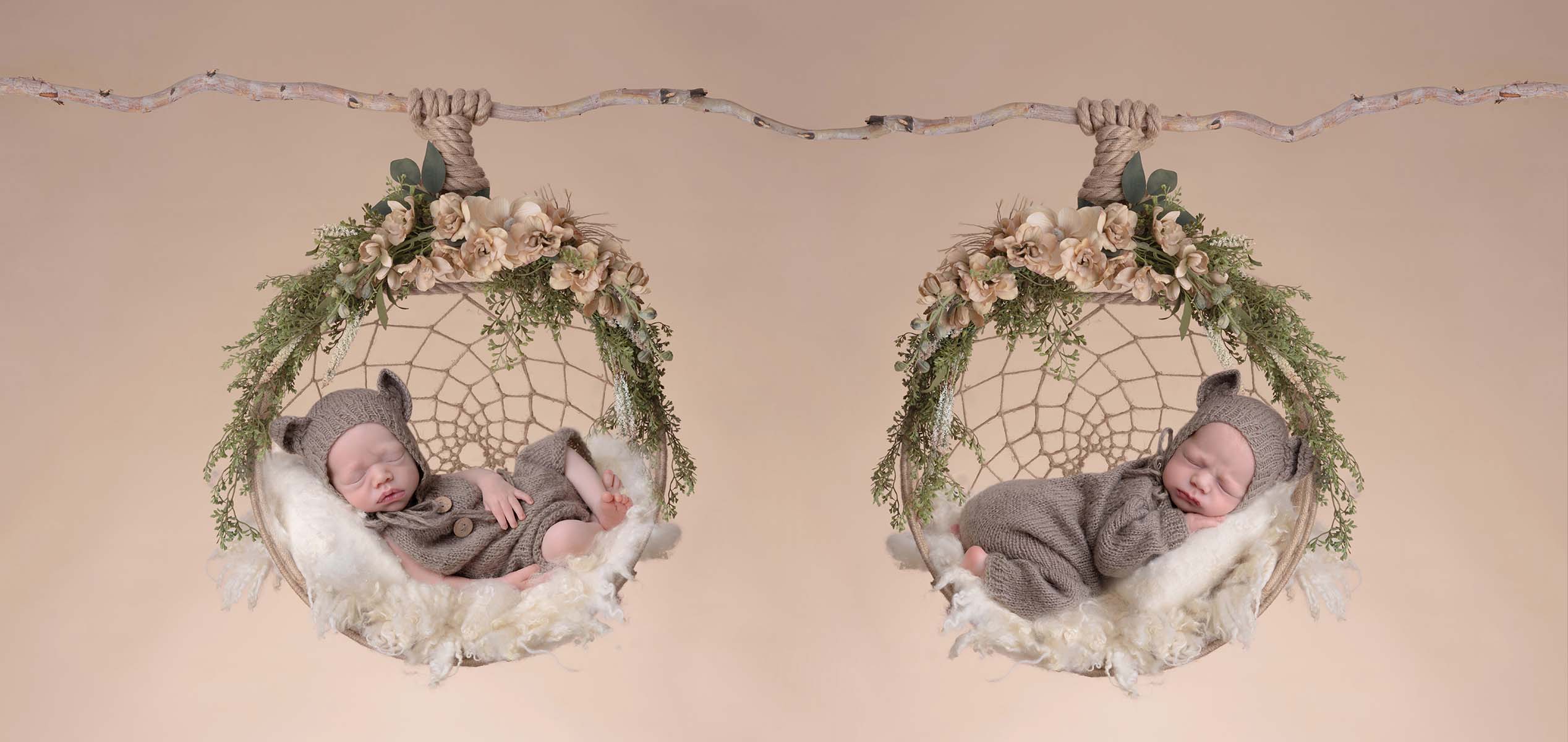 Newborn photo of twins in matching onesies both in swings adorned by flowers