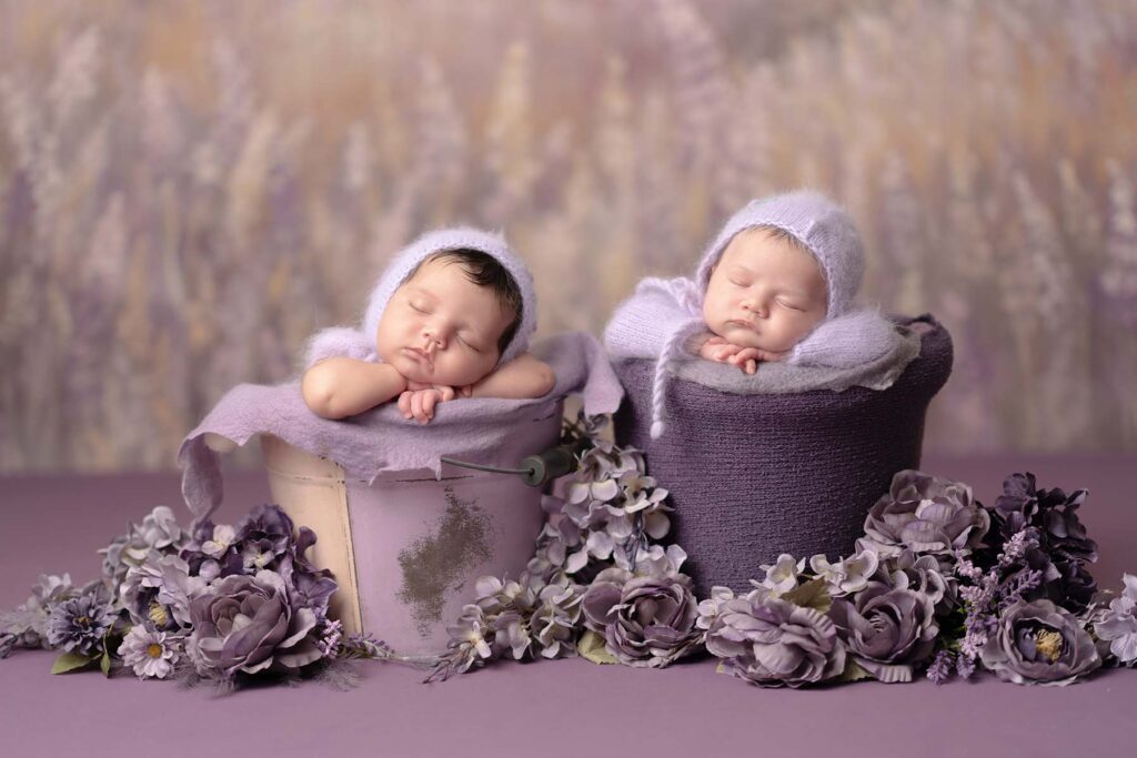Purple themed twins newborn baby portrait of two children posed in plant pots sleeping