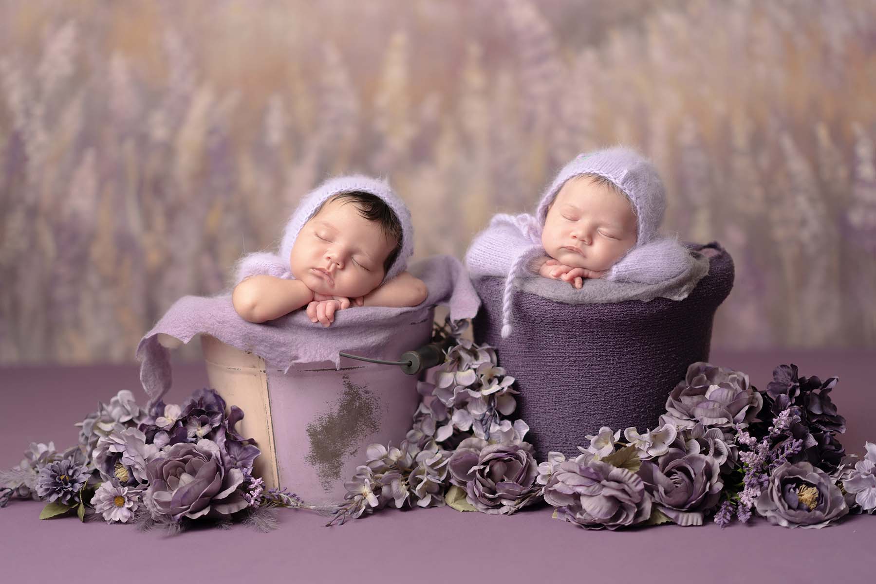 Purple themed twins newborn baby portrait of two children posed in plant pots sleeping