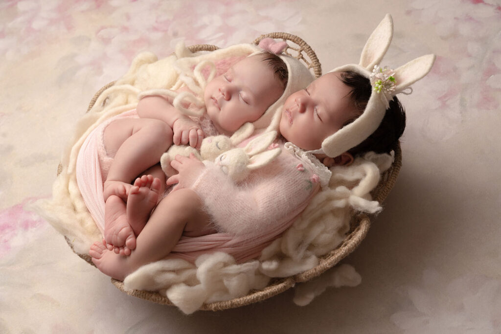 Newborn portrait of twins posed in a basket wearing matching flower headbands and pink onesies