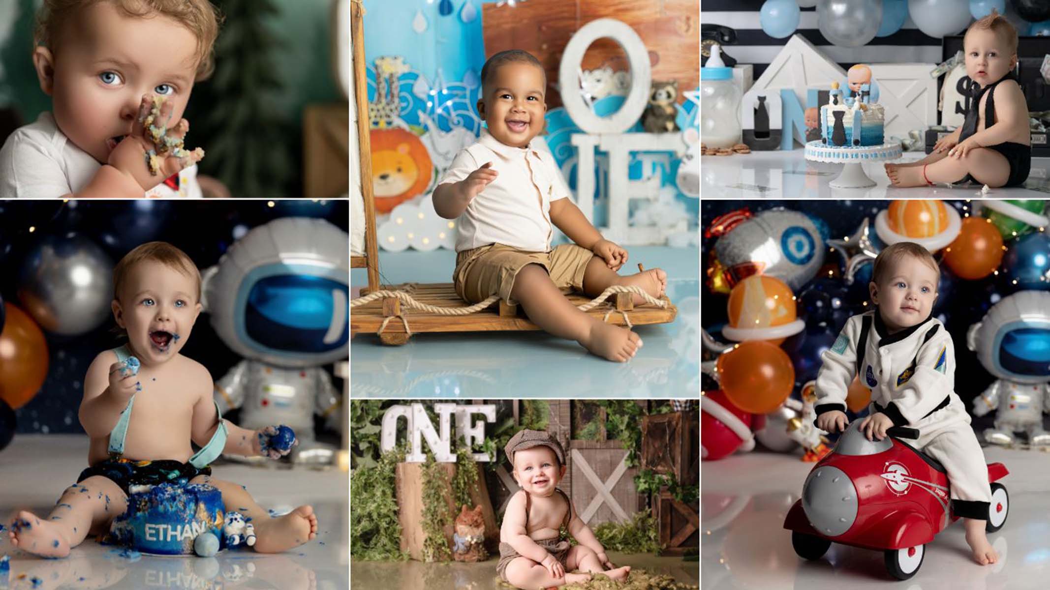 Collage of various cake smash photography themes for boys