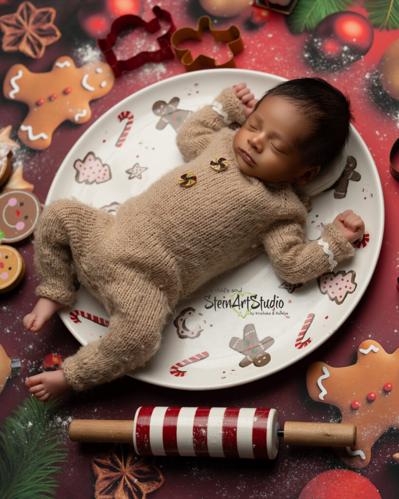 Luxury newborn photoshoot in Orlando featuring baby in red and gold Christmas theme